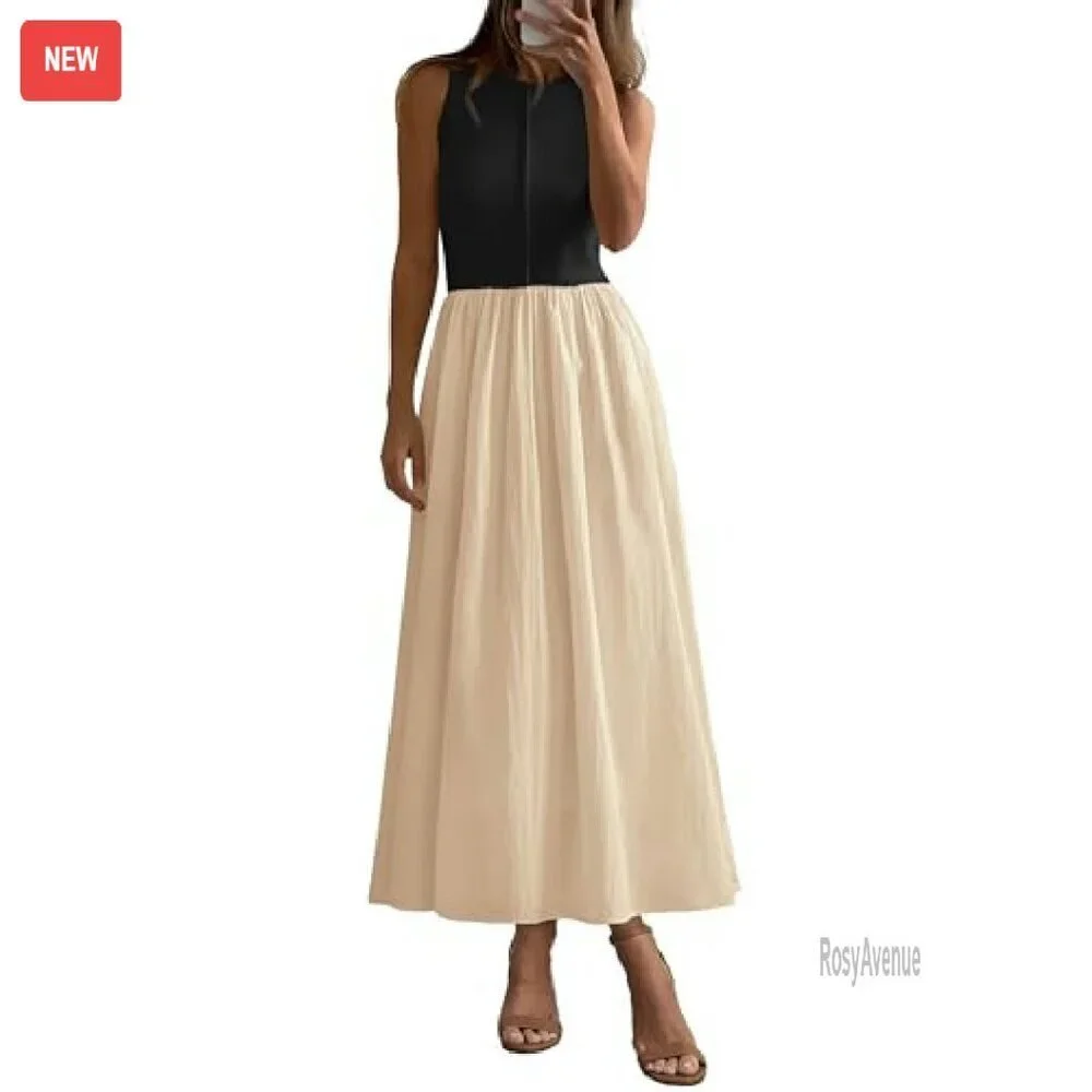 Sleeveless Maxi Dress Patchwork Knit Flowy Long Casual Summer